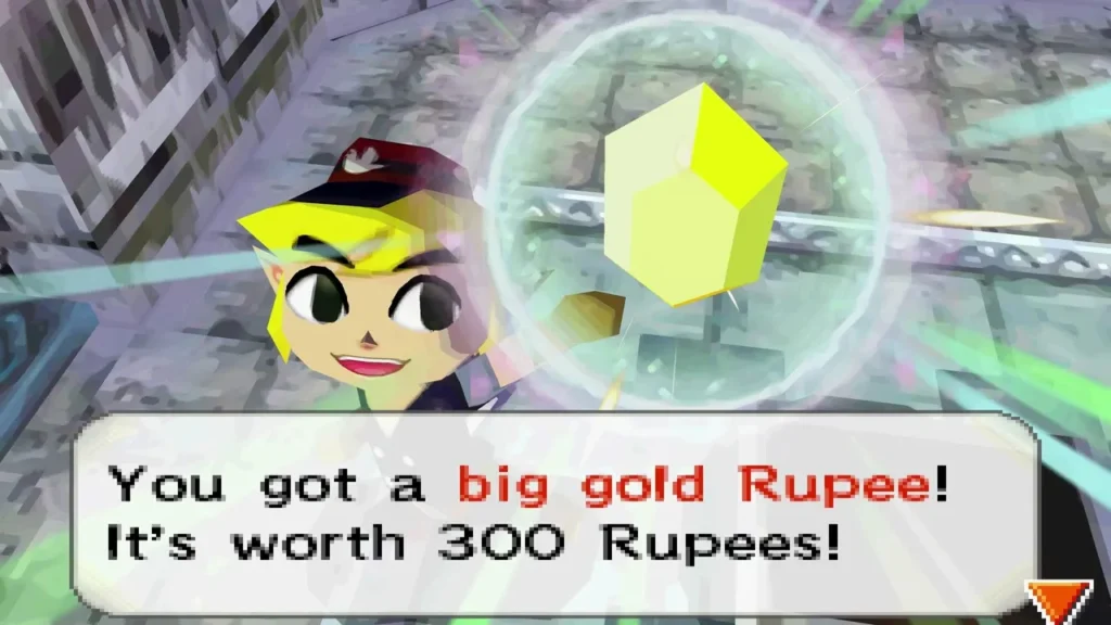 Link holding up a big gold Rupee won on a Skating Rink course