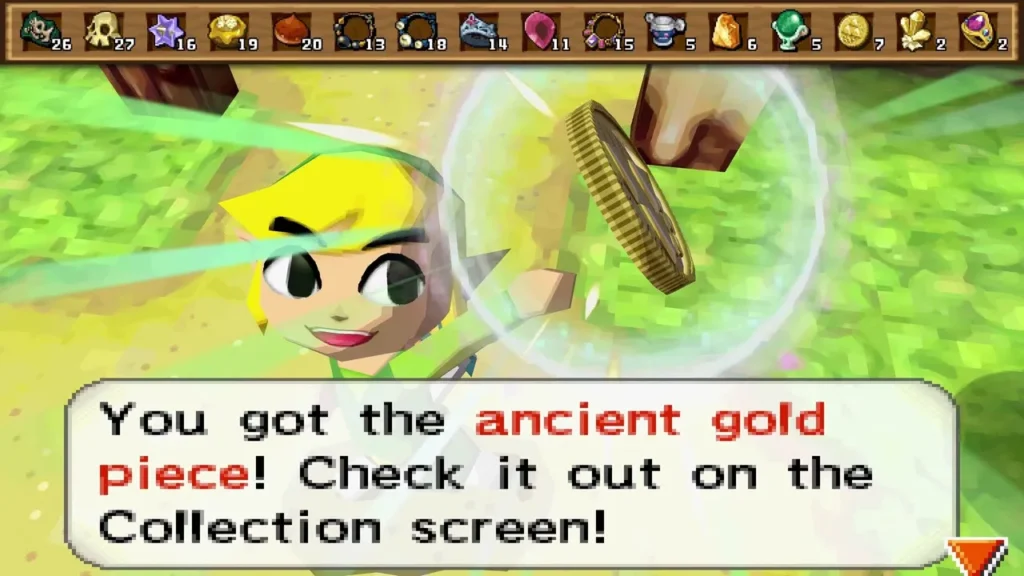 Link holding up the ancient gold piece treasure from the rabbit hunter Link holding up the ancient gold piece treasure from the rabbit hunter