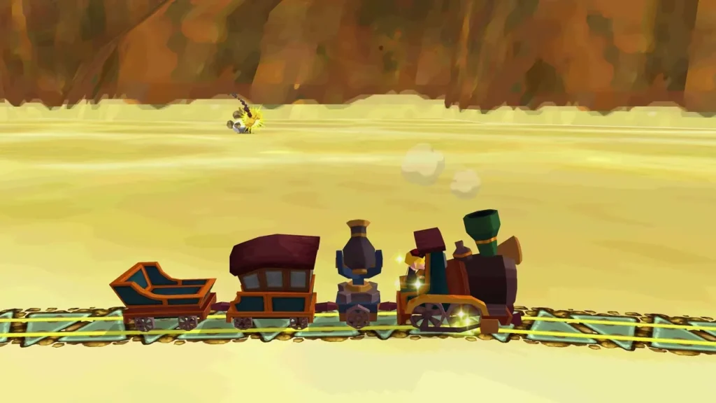 A rabbit scurries across the sand as the train rolls along the rails of the Sand Realm A rabbit scurries across the sand as the train rolls along the rails of the Sand Realm