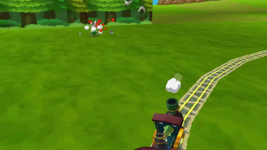 Grass rabbit hit by a cannon blast at the forest edge, with the train on the track beside it Grass rabbit hit by a cannon blast at the forest edge, with the train on the track beside it