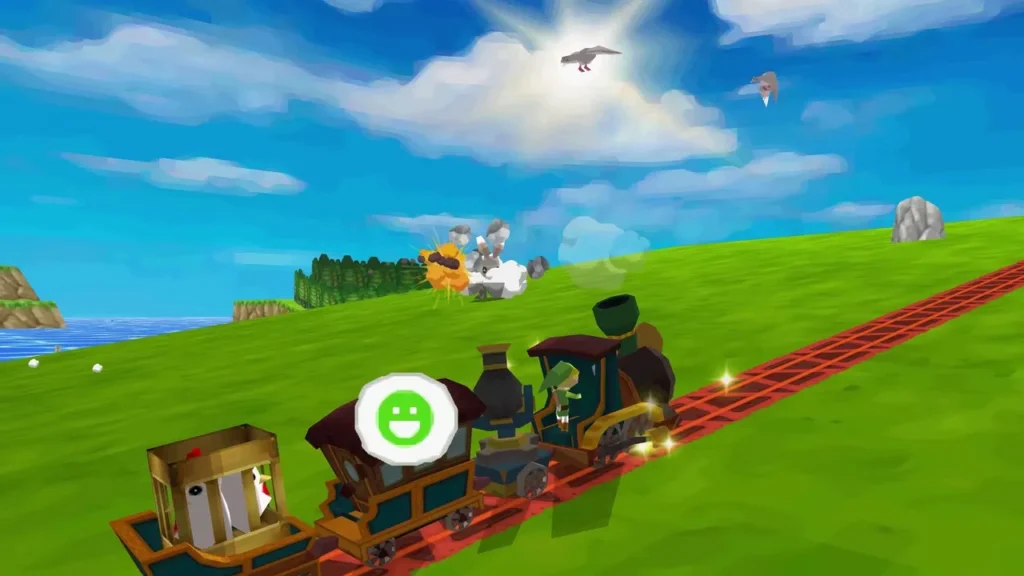 Cannon blast flushing a rabbit on a grassy hill above the sea, caged chicken on the train Cannon blast flushing a rabbit on a grassy hill above the sea, caged chicken on the train