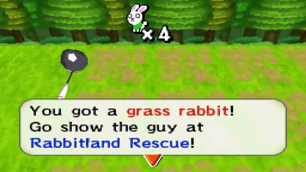 Caught a grass rabbit in a forest clearing, with the Rabbitland Rescue message box Caught a grass rabbit in a forest clearing, with the Rabbitland Rescue message box