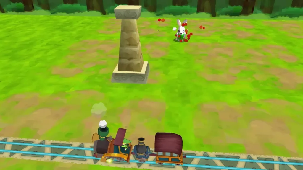 Grass rabbit by a stone pillar in a forest clearing, the train rolling past on blue-lit rails Grass rabbit by a stone pillar in a forest clearing, the train rolling past on blue-lit rails