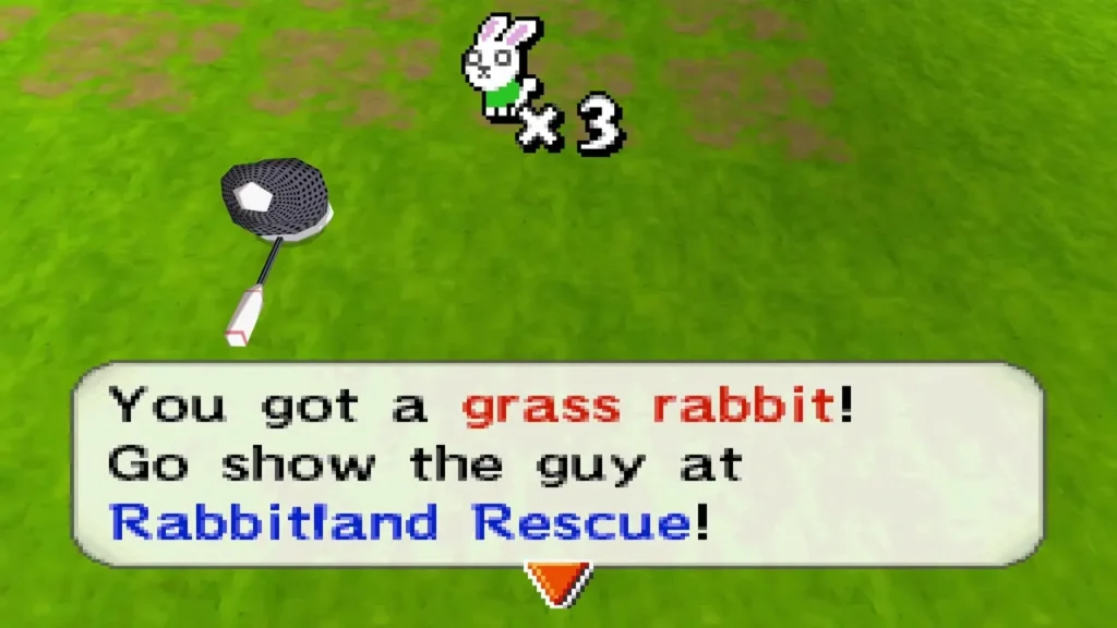 Caught a grass rabbit on open grassland, with the Rabbitland Rescue message box Caught a grass rabbit on open grassland, with the Rabbitland Rescue message box