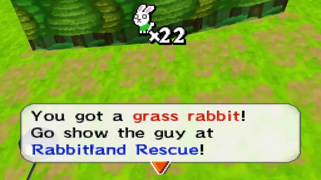 Caught a grass rabbit on a grassy plain by a forest, with the Rabbitland Rescue message box Caught a grass rabbit on a grassy plain by a forest, with the Rabbitland Rescue message box