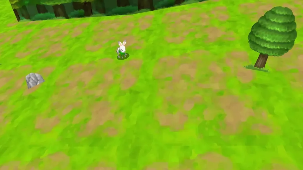 Grass rabbit standing on a grassy plain with a tree and boulder, forest behind Grass rabbit standing on a grassy plain with a tree and boulder, forest behind