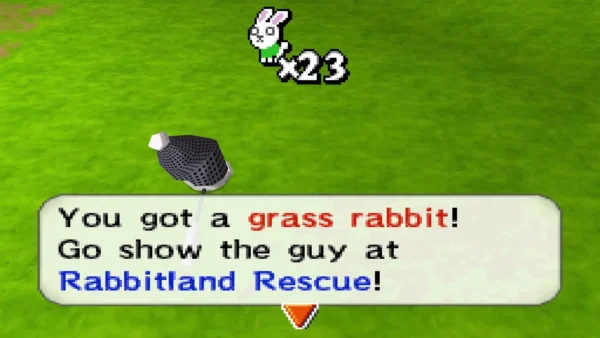 Caught a grass rabbit on open grassland, with the Rabbitland Rescue message box Caught a grass rabbit on open grassland, with the Rabbitland Rescue message box