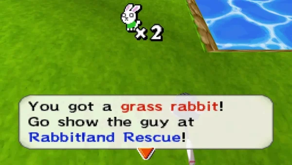 Caught a grass rabbit on a grassy plain beside a lake, with the Rabbitland Rescue message box Caught a grass rabbit on a grassy plain beside a lake, with the Rabbitland Rescue message box