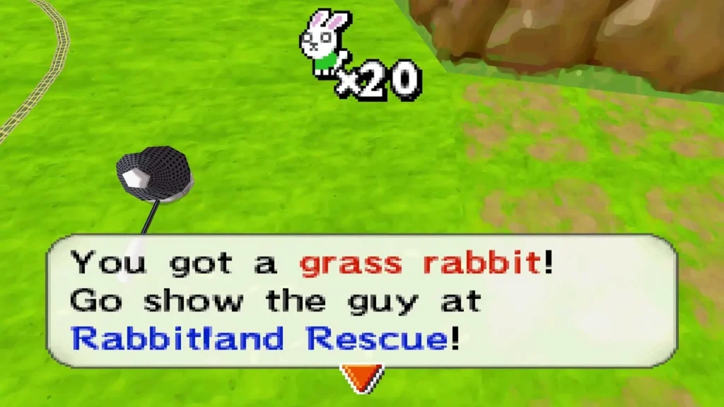 Caught a grass rabbit on grassland by rock cliffs, with the Rabbitland Rescue message box Caught a grass rabbit on grassland by rock cliffs, with the Rabbitland Rescue message box