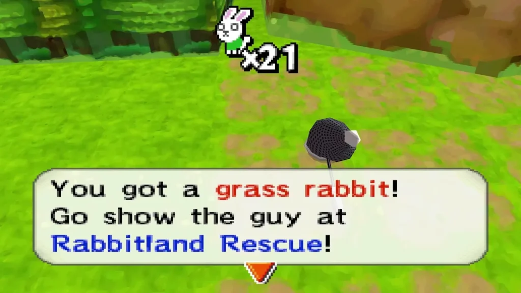 Caught a grass rabbit on a grass plain by rock cliffs, with the Rabbitland Rescue message box Caught a grass rabbit on a grass plain by rock cliffs, with the Rabbitland Rescue message box