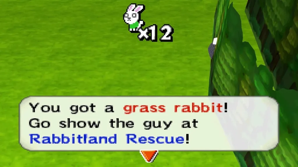The "You got a grass rabbit!" message in the Forest Realm, telling Link to show the guy at Rabbitland Rescue The "You got a grass rabbit!" message in the Forest Realm, telling Link to show the guy at Rabbitland Rescue