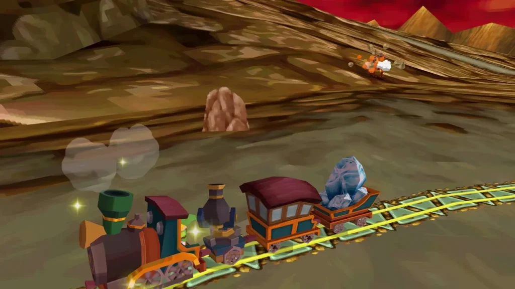 A rabbit kicks up dust on a rocky slope above the train in the red-sky Fire Realm canyon. A rabbit kicks up dust on a rocky slope above the train in the red-sky Fire Realm canyon.