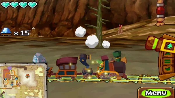 Train on a rocky canyon track by a bare tree, with a small mountain rabbit on the slope at upper right Train on a rocky canyon track by a bare tree, with a small mountain rabbit on the slope at upper right