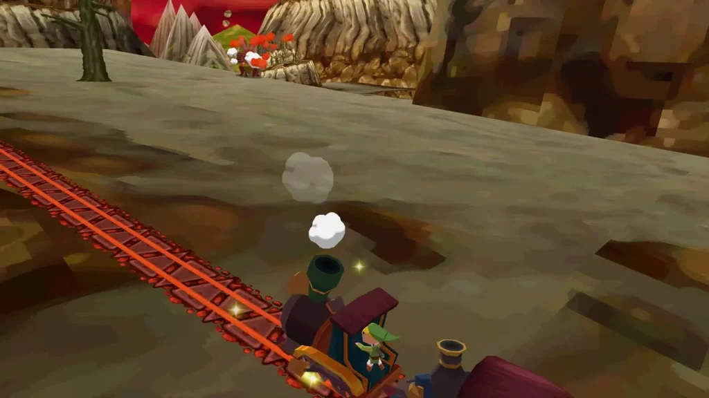 Train on a red-hot track in a Fire Realm canyon, with a small mountain rabbit on the far slope Train on a red-hot track in a Fire Realm canyon, with a small mountain rabbit on the far slope