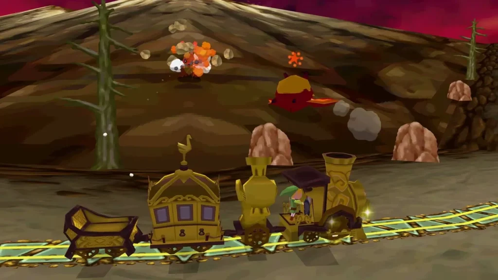 Golden train below a dusty Fire Realm slope under a red sky, dead trees on the hill and a dust burst near the top. Golden train below a dusty Fire Realm slope under a red sky, dead trees on the hill and a dust burst near the top.