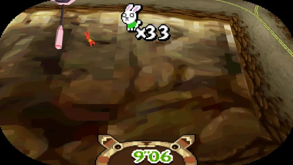 A net swings toward a mountain rabbit on a red-brown rocky plateau. A net swings toward a mountain rabbit on a red-brown rocky plateau.