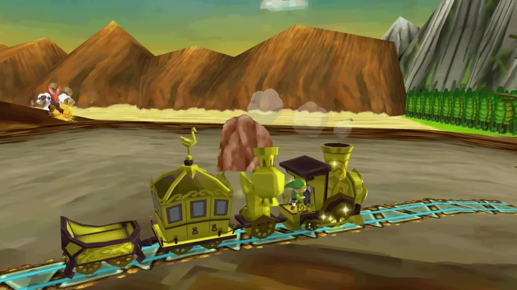 Golden train on a rocky plain with a rabbit leaping at the edge, rocky peaks and green hills behind. Golden train on a rocky plain with a rabbit leaping at the edge, rocky peaks and green hills behind.