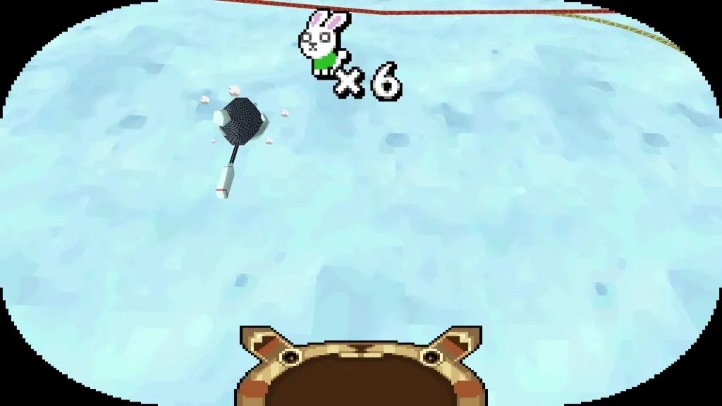 Link swinging the rabbit net at a snow rabbit on the frozen field from the train Link swinging the rabbit net at a snow rabbit on the frozen field from the train