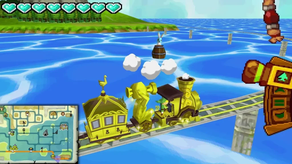 An ocean rabbit sits on a barrel in the sea, ahead of a golden train on the rails An ocean rabbit sits on a barrel in the sea, ahead of a golden train on the rails