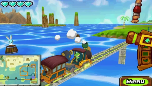 An ocean rabbit perched on a barrel in the sea beside the rails, with an island ahead An ocean rabbit perched on a barrel in the sea beside the rails, with an island ahead
