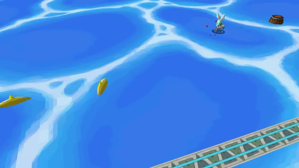 An ocean rabbit on a patch of sea with a barrel nearby and rails along the bottom right An ocean rabbit on a patch of sea with a barrel nearby and rails along the bottom right