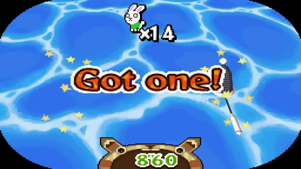 The "Got one!" banner over the ocean after netting an ocean rabbit The "Got one!" banner over the ocean after netting an ocean rabbit
