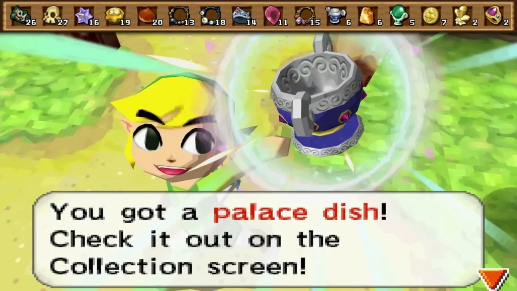 Link holding up a palace dish treasure with its item name box Link holding up a palace dish treasure with its item name box