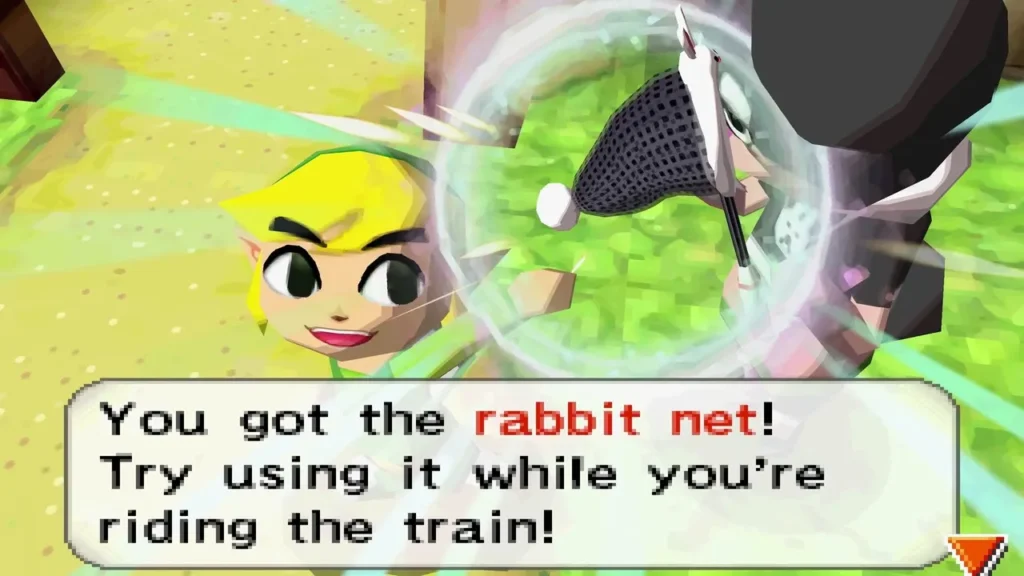 Link holding up the rabbit net with its item name box in the Rabbitland Rescue hut Link holding up the rabbit net with its item name box in the Rabbitland Rescue hut