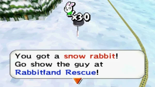 Net over snow beside a pine forest and a rail, with the snow rabbit message box Net over snow beside a pine forest and a rail, with the snow rabbit message box