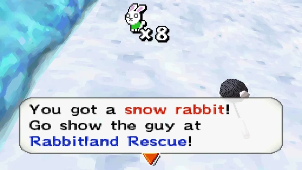 Message box announcing a snow rabbit caught beside an icy blue cliff Message box announcing a snow rabbit caught beside an icy blue cliff