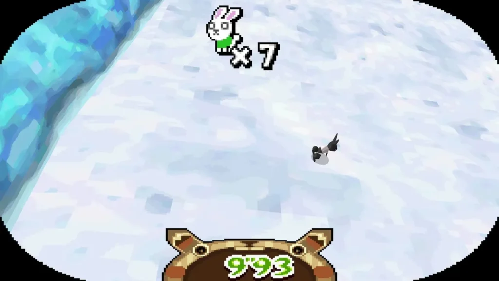 A snow rabbit on the snow beside a wall of blue ice A snow rabbit on the snow beside a wall of blue ice