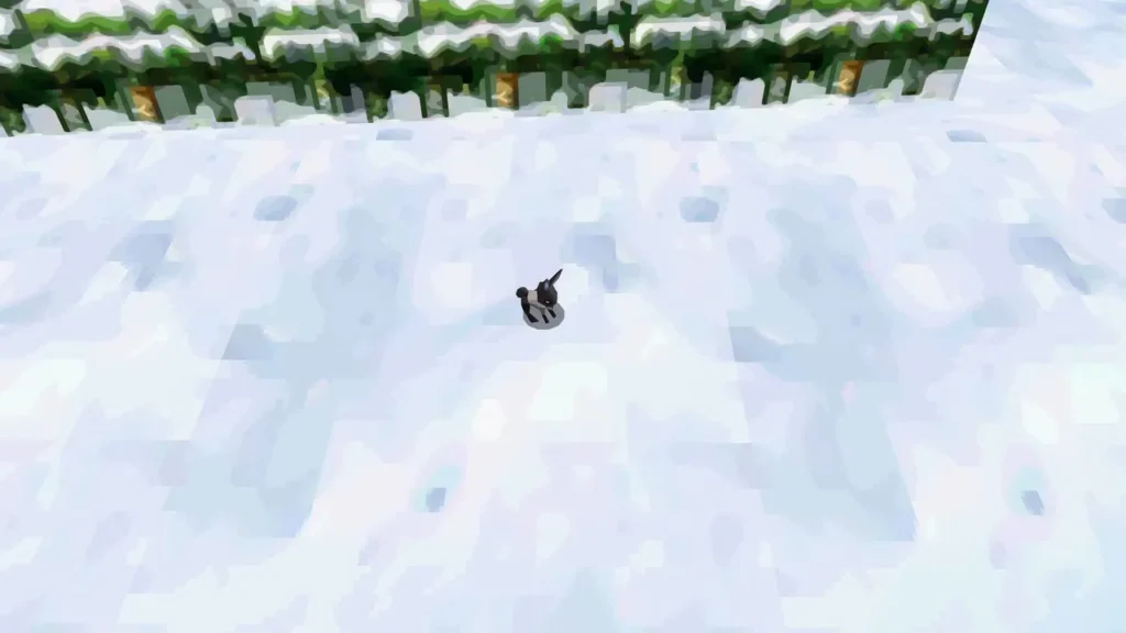 A snow rabbit on open snow in front of a snow-covered pine forest A snow rabbit on open snow in front of a snow-covered pine forest