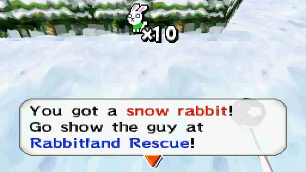 Message box announcing a snow rabbit caught at a snowy forest edge Message box announcing a snow rabbit caught at a snowy forest edge
