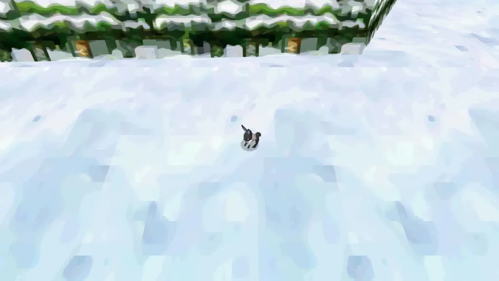 A snow rabbit on open snow with snow-covered pines along the top edge of the view A snow rabbit on open snow with snow-covered pines along the top edge of the view