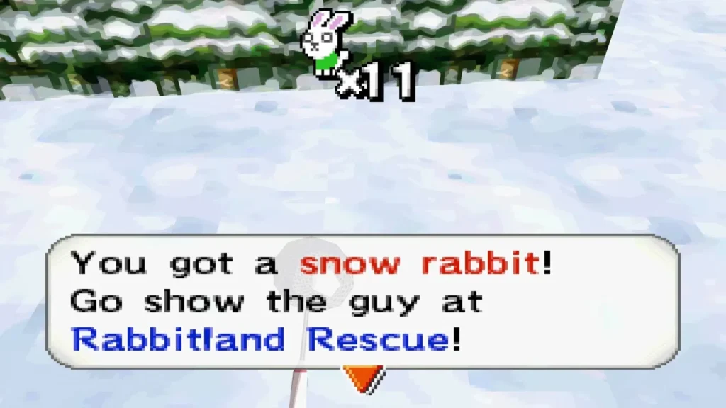 Message box announcing a snow rabbit caught in a snowfield with pines Message box announcing a snow rabbit caught in a snowfield with pines