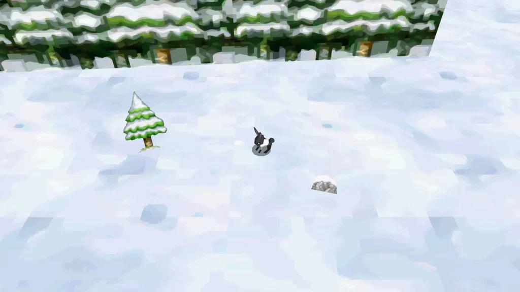 A snow rabbit on the snow near a pine tree and a rock A snow rabbit on the snow near a pine tree and a rock