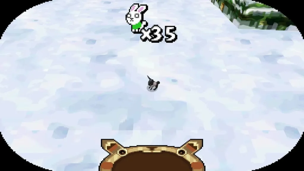 A snow rabbit on open snow, with snow-covered pines in the top right corner A snow rabbit on open snow, with snow-covered pines in the top right corner