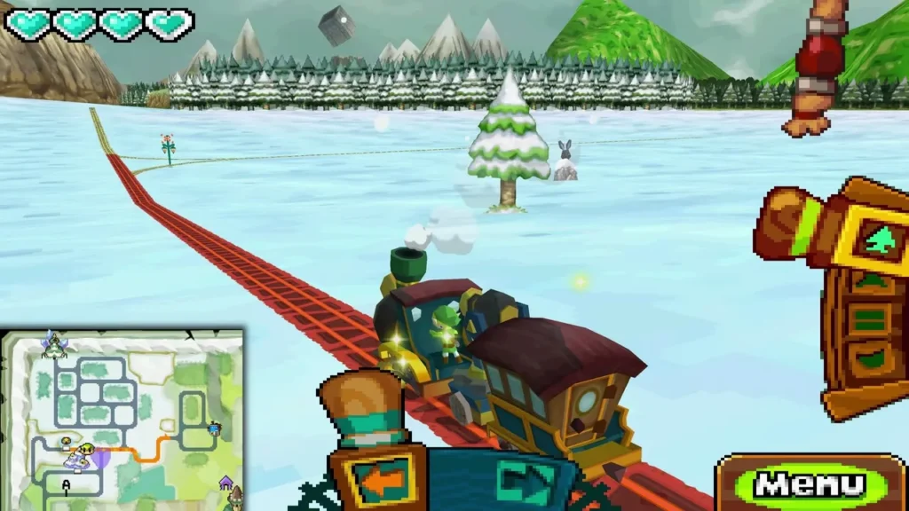A snow rabbit peeking out beside a snowy pine as the train runs along the Snow Realm tracks A snow rabbit peeking out beside a snowy pine as the train runs along the Snow Realm tracks