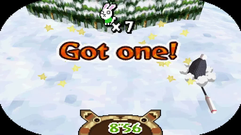 The "Got one!" banner on the frozen field after netting a snow rabbit The "Got one!" banner on the frozen field after netting a snow rabbit