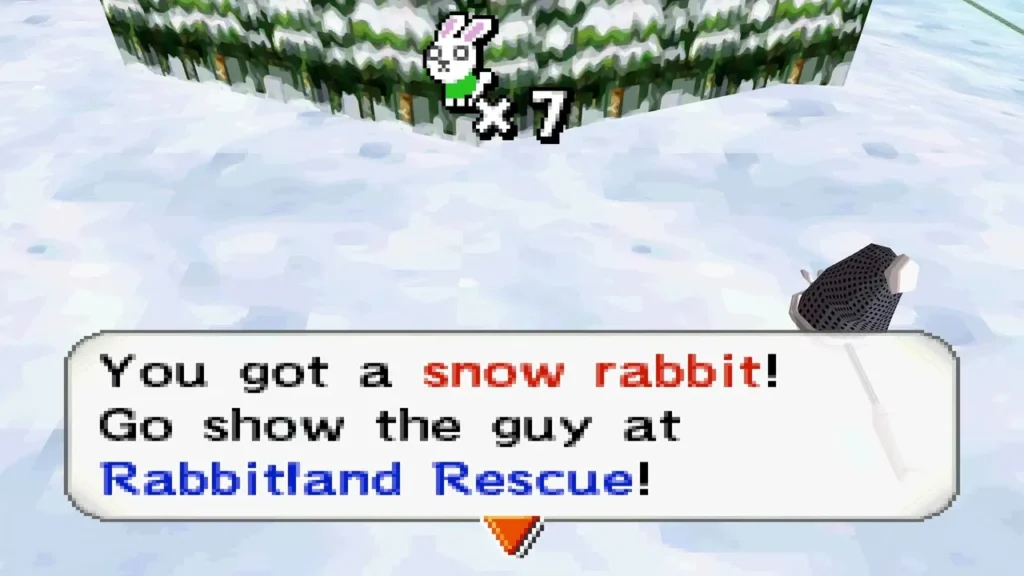 The "You got a snow rabbit!" message in the Snow Realm, telling Link to show the guy at Rabbitland Rescue The "You got a snow rabbit!" message in the Snow Realm, telling Link to show the guy at Rabbitland Rescue