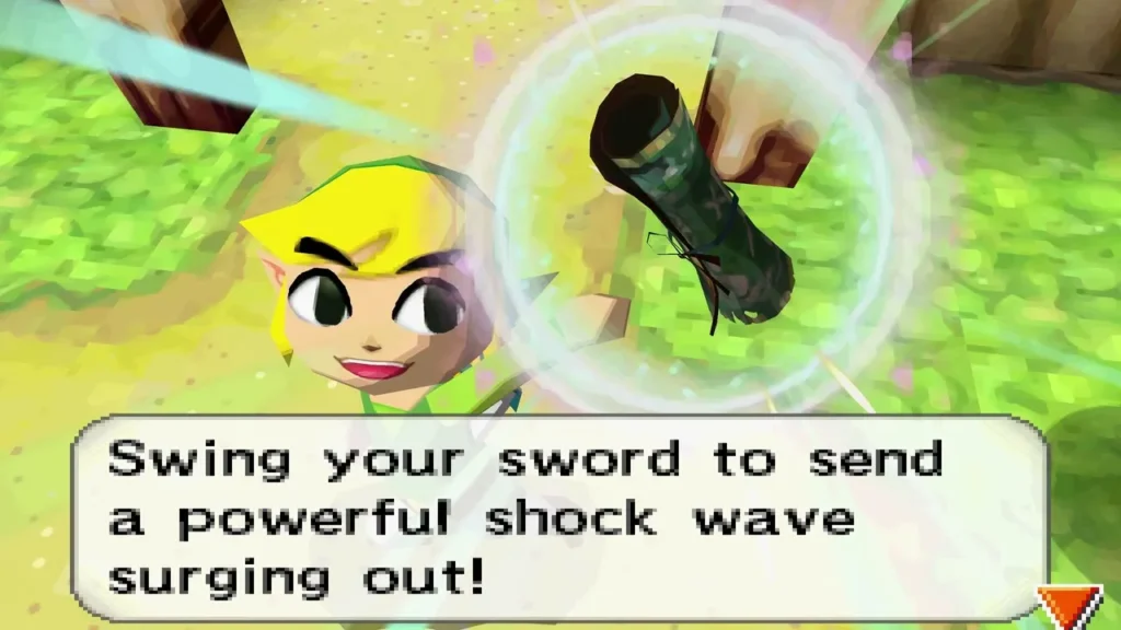Link swinging his sword to send a shock wave, with the scroll Link swinging his sword to send a shock wave, with the scroll