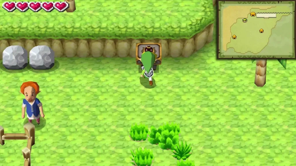 Link walking up to the stamp station set against a stone wall in Aboda Village