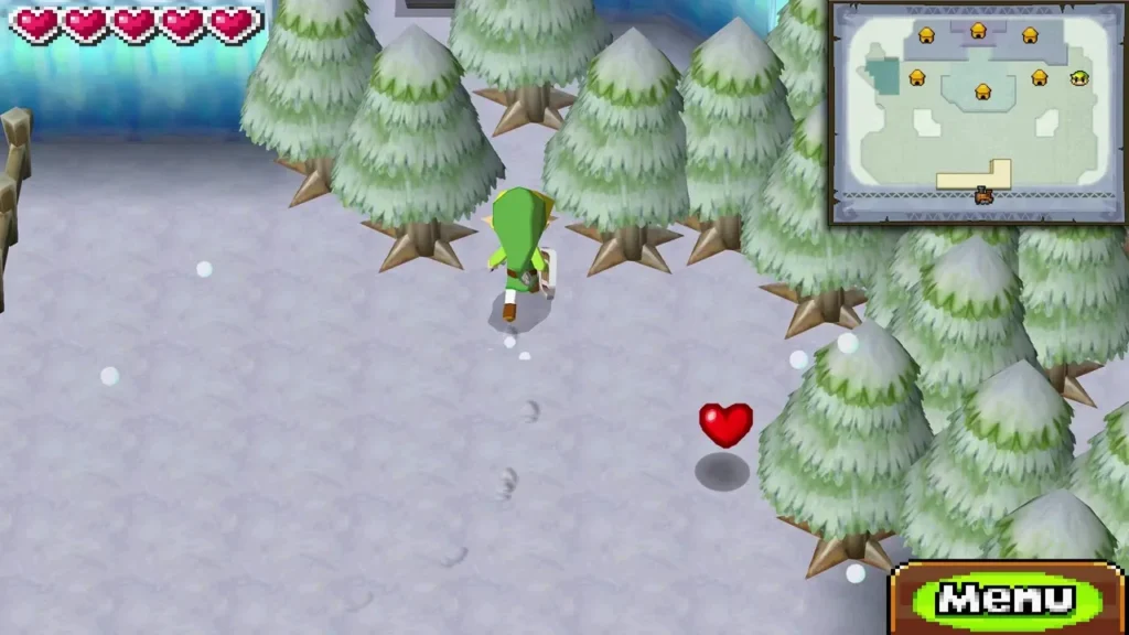 Link walking through snowy pine trees in the east part of Anouki Village