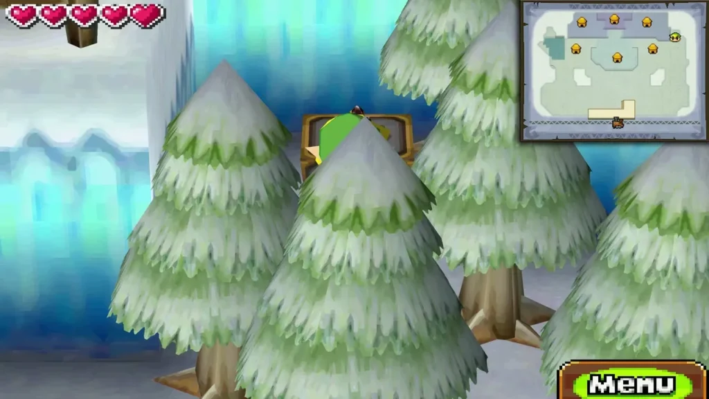 Link at the stamp station hidden behind snowy pine trees in Anouki Village