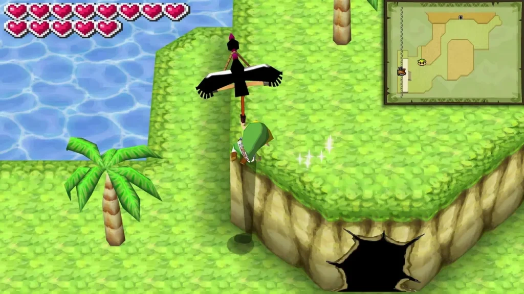 Link hooked to a bird by the Whip at a grassy cliff edge above the Pirate Hideout cave entrance