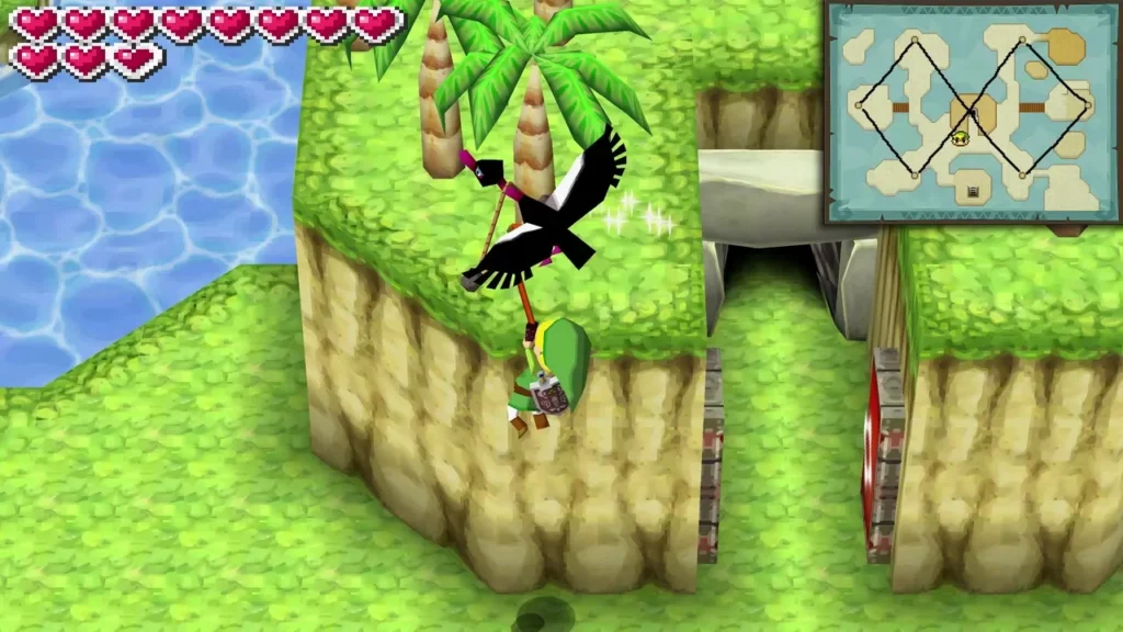 Link hanging from a bird's talons by the Whip as it carries him past a cliff and stone gate