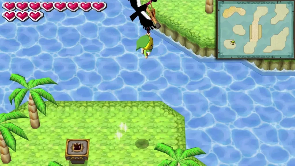 A bird carrying Link over the sea toward a small island where a stamp station stands