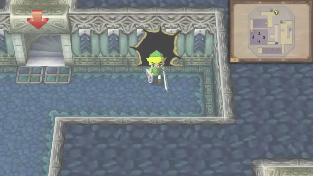 Link standing at a freshly bombed hole in a wall of the Ocean Temple