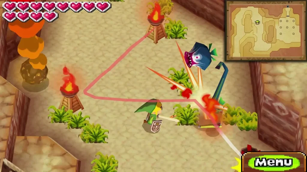 Link throwing the Boomerang past a Fire Baba to light braziers in the Fire Sanctuary