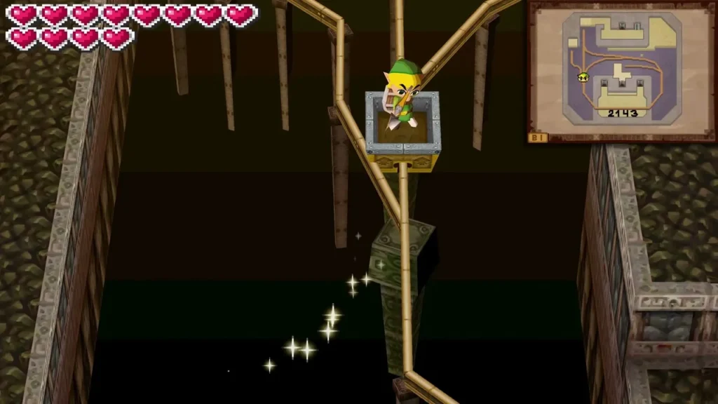 Link aiming the Bow from a mine cart over a dark drop in the Fire Temple basement